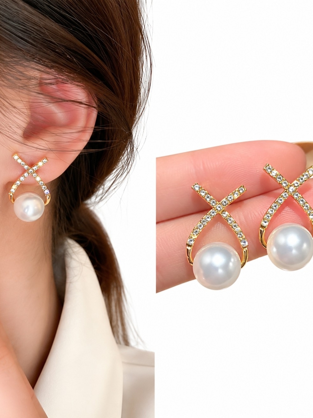 Title:
Gold Rhinestone Pearl Drop Earrings
